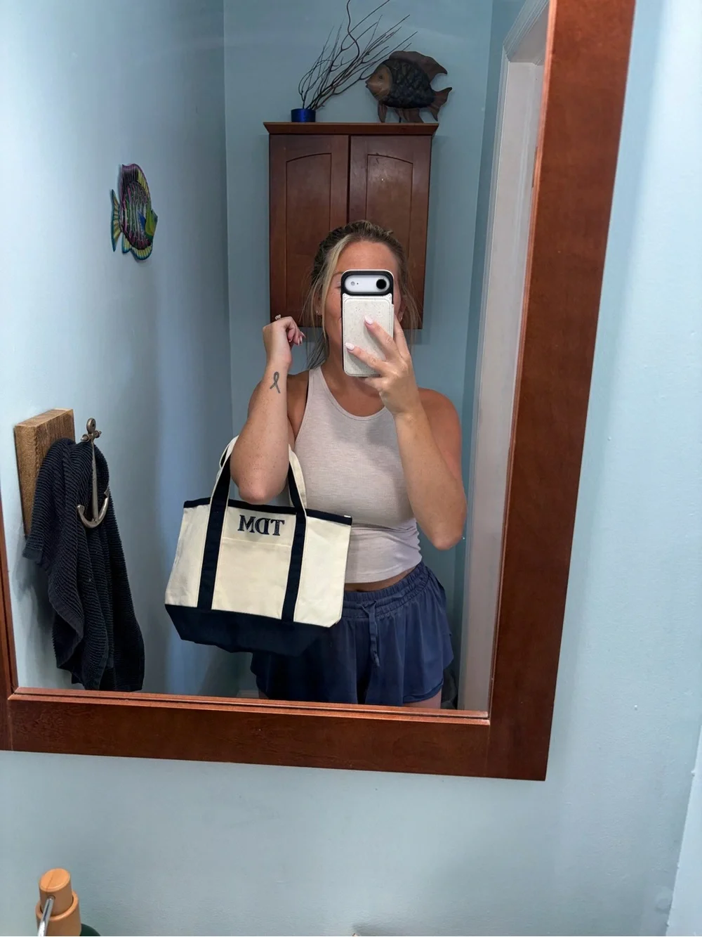 Monogrammed Canvas Tote Bag - Navy & Cream